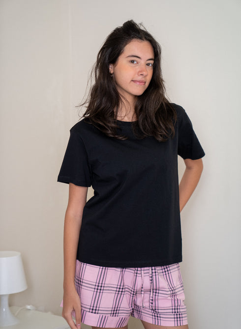 Women Summer Pajama set Black T-shirt + Pink X Black Tartan Plaid Shorts